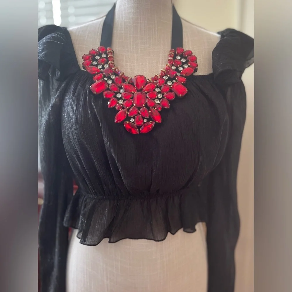 NWOT Black Sparkle Long Sleeve On-Off-Shoulder Crop Top. Small.🖤 - Picture 11 of 13